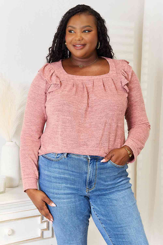 Square Neck Ruffle Shoulder Long Sleeve Top - 2 Color Options