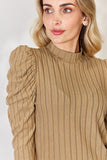 Ribbed Mock Neck Puff Sleeve Top - Multiple Colors Available