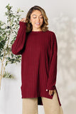 Ribbed Round Neck Long Sleeve Slit Top - Multiple colors