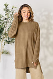 Ribbed Round Neck Long Sleeve Slit Top - Multiple colors