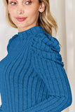 Ribbed Mock Neck Puff Sleeve Top - Multiple Colors Available