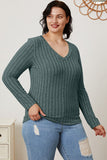 Ribbed V-Neck Long Sleeve Top - Multiple Colors Available