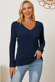 Ribbed V-Neck Long Sleeve Top - Multiple Colors Available