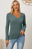 Ribbed V-Neck Long Sleeve Top - Multiple Colors Available