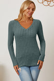 Ribbed V-Neck Long Sleeve Top - Multiple Colors Available