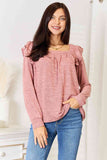 Square Neck Ruffle Shoulder Long Sleeve Top - 2 Color Options