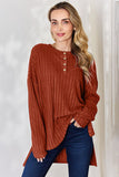 Ribbed Half Button Long Sleeve High-Low Top - Multiple Colors Available