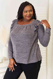 Square Neck Ruffle Shoulder Long Sleeve Top - 2 Color Options