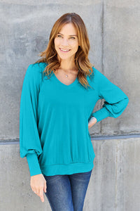 V-Neck Lantern Sleeve Blouse - multiple color options