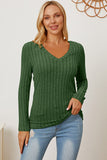 Ribbed V-Neck Long Sleeve Top - Multiple Colors Available