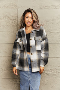 Plaid Dropped Shoulder Collared Shacket