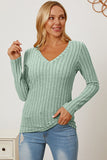 Ribbed V-Neck Long Sleeve Top - Multiple Colors Available