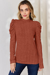 Ribbed Mock Neck Puff Sleeve Top - Multiple Colors Available