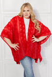 Pom-Pom Asymmetrical Poncho Cardigan in Red