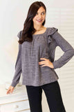 Square Neck Ruffle Shoulder Long Sleeve Top - 2 Color Options