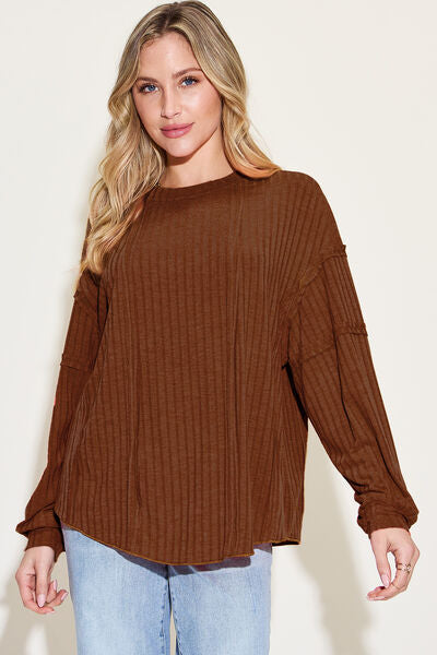 Ribbed Round Neck Long Sleeve Top - Multiple Color Options