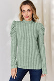 Ribbed Mock Neck Puff Sleeve Top - Multiple Colors Available