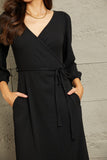 Surplice Flare Ruching Dress in Black