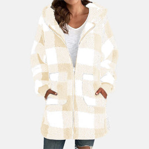 Double Take Plaid Long Sleeve Hooded Coat