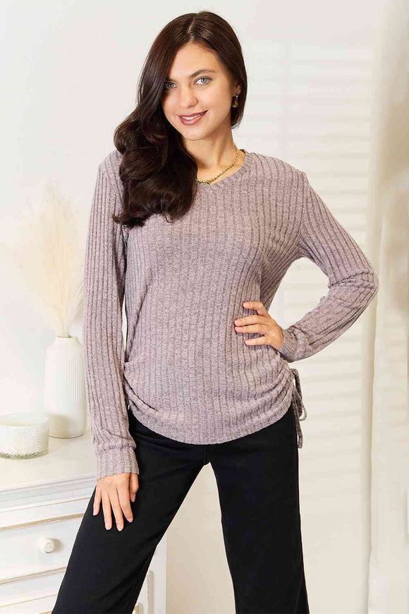 Drawstring Ribbed Long Sleeve Top