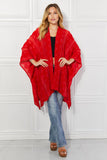 Pom-Pom Asymmetrical Poncho Cardigan in Red