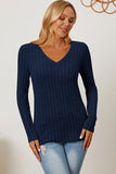 Ribbed V-Neck Long Sleeve Top - Multiple Colors Available