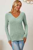 Ribbed V-Neck Long Sleeve Top - Multiple Colors Available