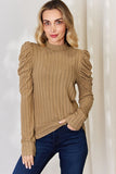 Ribbed Mock Neck Puff Sleeve Top - Multiple Colors Available