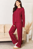 Ribbed Drawstring Hooded Top and Straight Pants Set - multiple colors