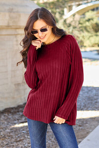 Ribbed Round Neck Long Sleeve Knit Top-multiple color options