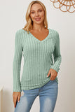 Ribbed V-Neck Long Sleeve Top - Multiple Colors Available