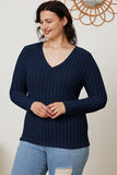 Ribbed V-Neck Long Sleeve Top - Multiple Colors Available