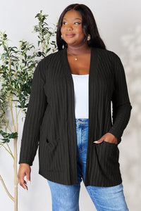 Ribbed Open Front Cardigan With Front Pockets - Color Options