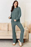 Ribbed Drawstring Hooded Top and Straight Pants Set - multiple colors