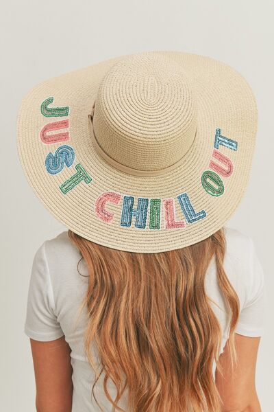 Sequin Letter Graphic Wide Brim Straw Hat